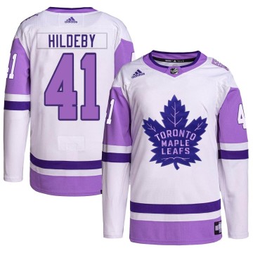 Authentic Adidas Men's Dennis Hildeby Toronto Maple Leafs Hockey Fights Cancer Primegreen Jersey - White/Purple
