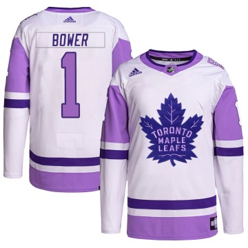 Authentic Adidas Men's Johnny Bower Toronto Maple Leafs Hockey Fights Cancer Primegreen Jersey - White/Purple