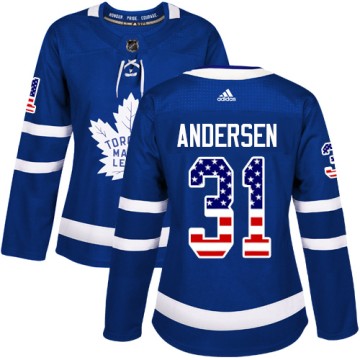 Authentic Adidas Women's Frederik Andersen Toronto Maple Leafs USA Flag Fashion Jersey - Royal Blue