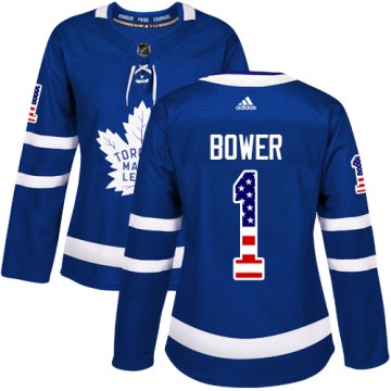 Authentic Adidas Women's Johnny Bower Toronto Maple Leafs USA Flag Fashion Jersey - Royal Blue