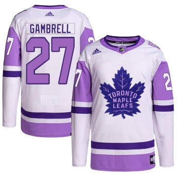 Authentic Adidas Youth Dylan Gambrell Toronto Maple Leafs Hockey Fights Cancer Primegreen Jersey - White/Purple